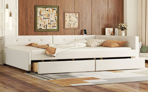 English Elm Full Full Size Upholstered Platform Bed with USB Ports, 2 Storage Drawers, Beige Linen Elegance DL000585AAA