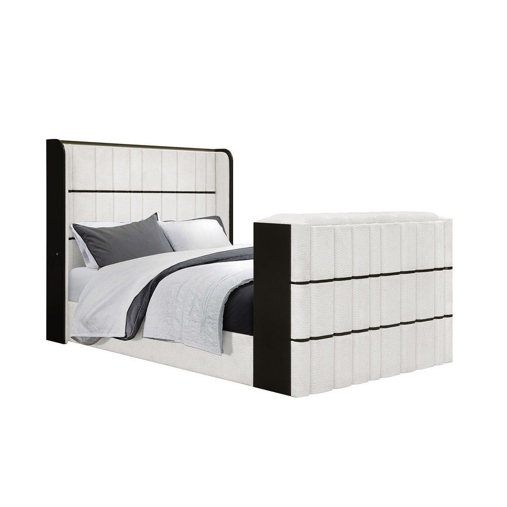 English Elm Isaiah Luxury Bed with 50" TV Lift, Built‑In Speakers, LED Lighting and Fireplace in White/Black Queen B201S00411