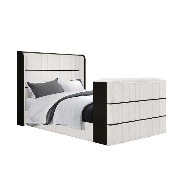 English Elm Isaiah Luxury Bed with 50" TV Lift, Built‑In Speakers, LED Lighting and Fireplace in White/Black Queen B201S00411