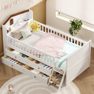 English Elm Twin Bed Frame with Storage Drawers and House Headboard, Kids Platform Bed with Guardrail Ladder and Shelf White 49.3 L x 16.25 W x 7.75 H N733S278032K
