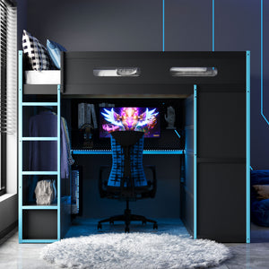 English Elm Full Size Gaming Loft Bed with Rgb Lighting Desk Wardrobe and Built-in Storage Blue LT100261AAC