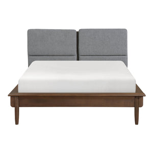 English Elm Walnut Veneer Eastern King Platform Bed Upholstered Gray Fabric Mid-century Frame B011S01614