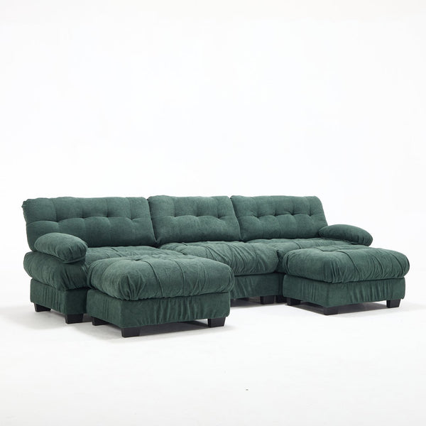 English Elm U Shaped Modular Cloud Sectional Deep Seat Flannelette Sofa with Rounded Bolster Armrests Green W2120S00039