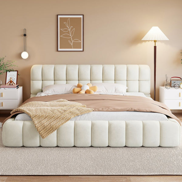 English Elm King Channel Stitched Linen Platform Bed Low Profile Contemporary Upholstered Frame Beige N737P387605A