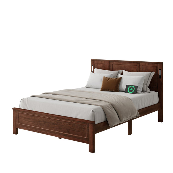 English Elm Queen Pinewood Platform Bed Farmhouse Tall Panel Headboard with Led Lighting and Usb Ports Walnut W504P391092