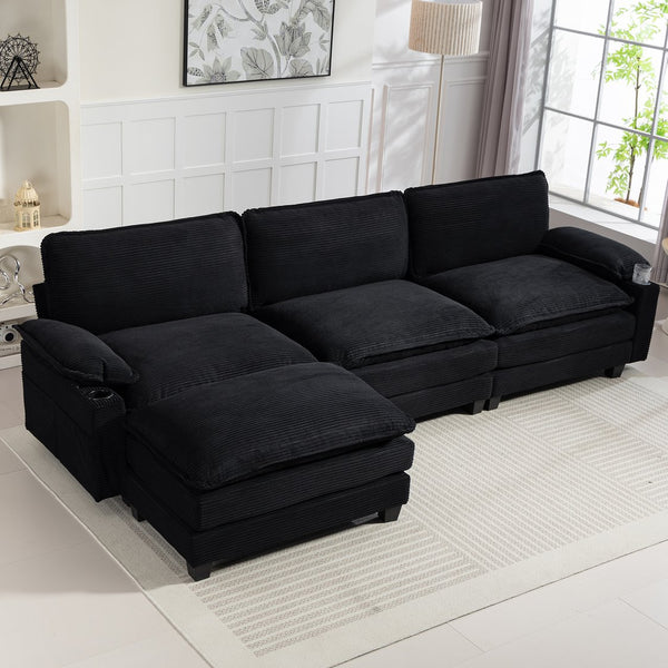 English Elm Modern Black Corduroy L-shaped Sectional with Ottoman for Spacious Living Rooms W2715P382263