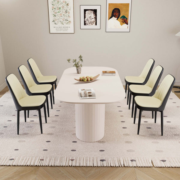 English Elm 63" Medieval Modern Cream Mdf Dining Table Set With 6 Pu Chairs & Black Metal Legs For Home Dining W2189S00699