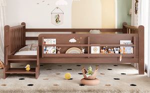 English Elm Twin Pine Floor Bed for Kids with Side Bookcases Built-in Stairs and Safety Guardrails Natural W1580P390225