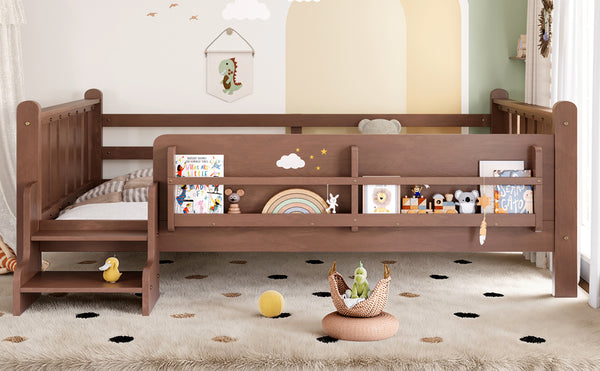 English Elm Twin Pine Floor Bed for Kids with Side Bookcases Built-in Stairs and Safety Guardrails Natural W1580P390225