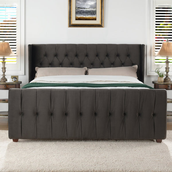 English Elm Jennifer Taylor Home - David Tufted Wingback King Bed with Dark Charcoal Velvet, Nailhead Trim, Solid Hardwood Frame, Luxurious Support B2719P245935