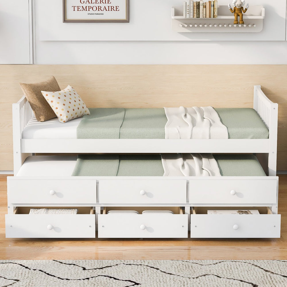 English Elm Daybed Twin Frame with Pull Out Trundle and Three Storage Drawers for Kids Rooms White LP100241AAK
