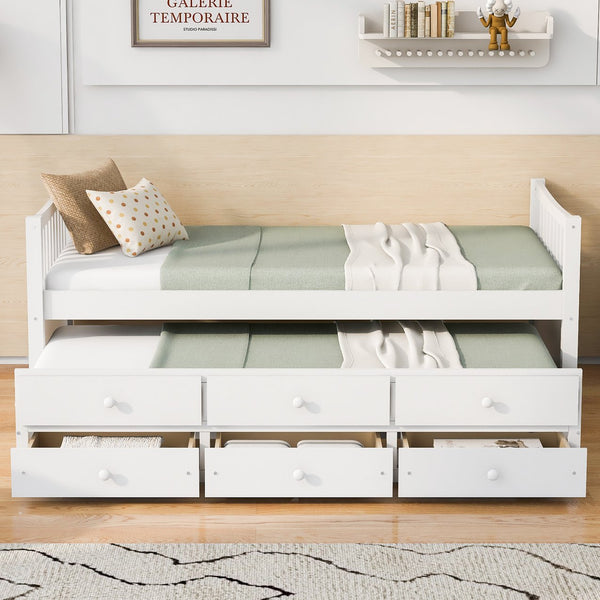 English Elm Daybed Twin Frame with Pull Out Trundle and Three Storage Drawers for Kids Rooms White LP100241AAK