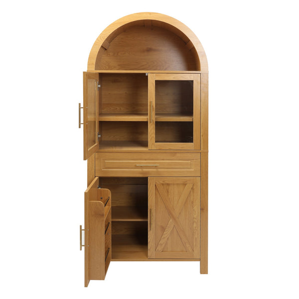 English Elm 71" Arched Glass Barn Door Pantry Cabinet Farmhouse Mdf Storage for Kitchen Dining Oak W2917S00017