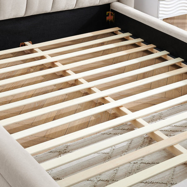 English Elm Queen Upholstered Bed Frame In Chic Beige Chenille - Solid Platform Design With Integrated Headboard W487S00326-GIGA