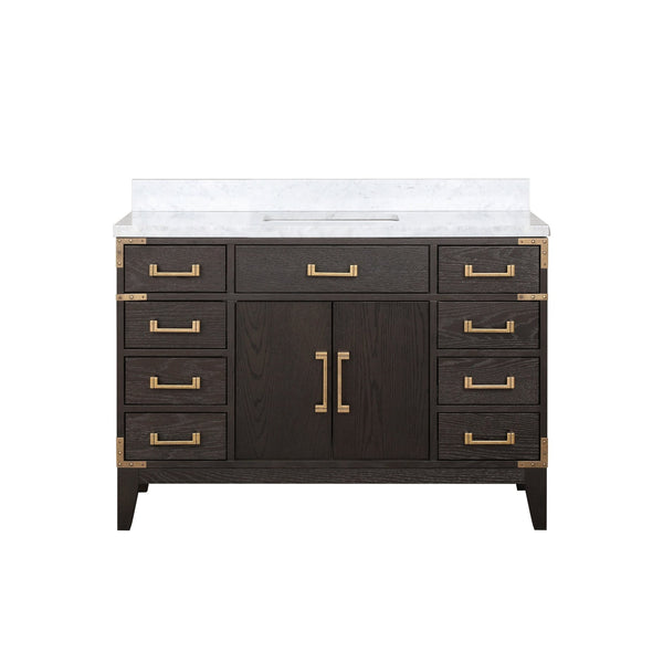 English Elm Brown Oak Single Bathroom Vanity With Carrara Marble Top – Elegant Storage & Soft-Close Features B2731P259801