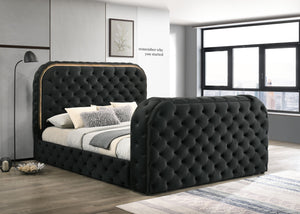 English Elm Kana Velvet Upholstered Eastern King Bed with LED Headboard, Fireplace Footboard & TV Lift, Bluetooth Speaker Remote Controlled Black 86.7 L x 12.6 W x 9.5 H B2726S00453