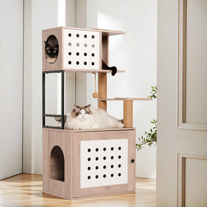 English Elm Cat Tower with Hidden Litter Enclosure Hammock Bed Feeding Station Scratching Posts W1687P304379