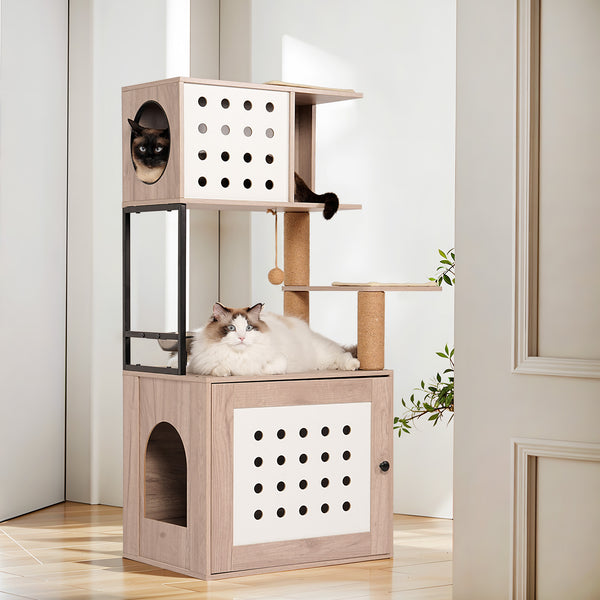 English Elm Cat Tower with Hidden Litter Enclosure Hammock Bed Feeding Station Scratching Posts W1687P304379
