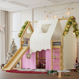 English Elm Full Size Pine Loft Bed with Slide Tent Panels Led Lights and Play Space Below W1580S00291