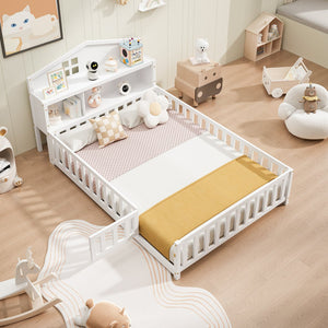 English Elm Full-size Montessori Floor Bed with Built-In Bookcase and Chalkboard, Space-Saving Solid Wood Platform for Kids White 56.3 L x 17.32 W x 5.31 H W1716S00012