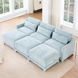 English Elm Three Elegant Sky-Blue Chenille Sofa With 3 Movable Ottomans & Lumbar Pillow For Versatile Comfort W714S01209-GIGA