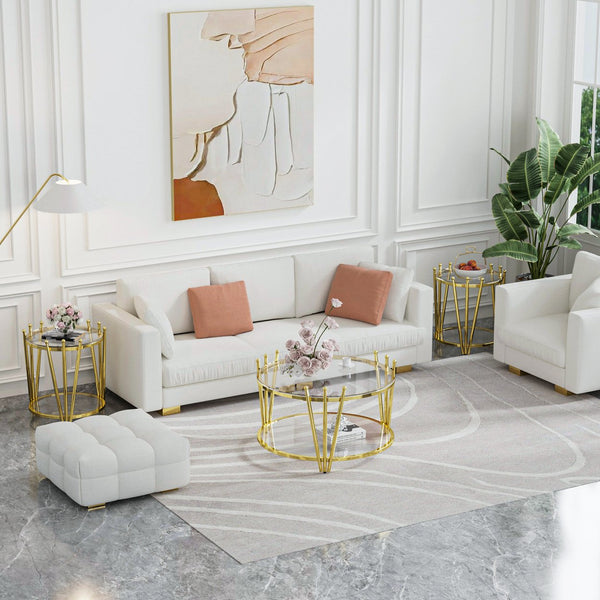 English Elm 31.5inch Modern Luxury Gold Coffee Table with Two-Tier Storage, Tempered Glass Top, Elegant Crown Design Clear W1550P171448