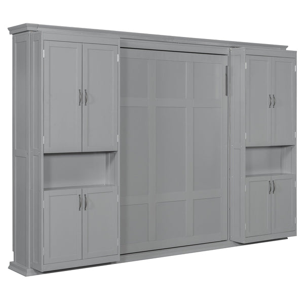 English Elm Full-size Murphy Wall Bed with Sliding Cabinets and Twelve Open Shelves for Studios Gray LP000919AAE