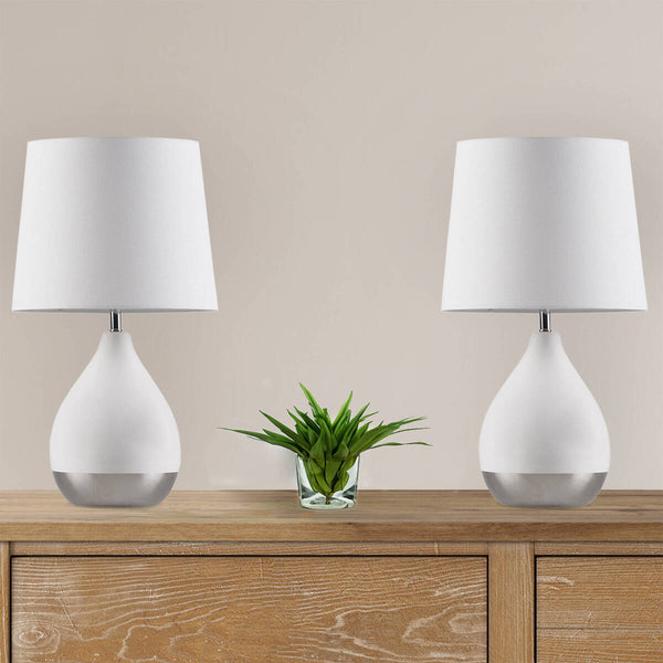 English Elm 2-Tone Ceramic Table Lamp Set of 2 with Elegant Silvery Accents, Modern White Ceramic Bases, 21.5"H White+Silver 19.1 L x 15.35 W x 15.35 H B035P264515