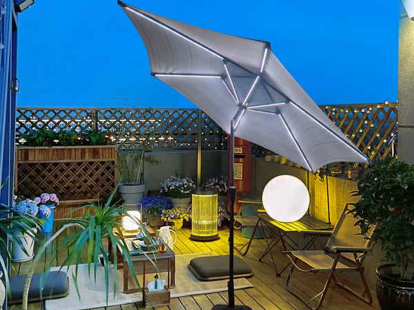 English Elm 9ft Solar Led Patio Umbrella Coastal Stripe Canopy with Uv Protection Crank Tilt Blue Striped W656P403814
