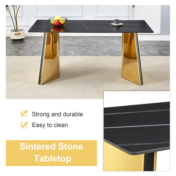 English Elm 63"x31.5x30" Marble Slab Rectangular Dining Table with Sculptural Butterfly Stainless Legs Black,Gold W1151S04617