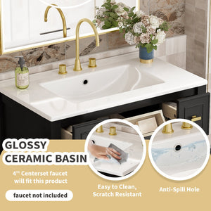 English Elm 30'' Bathroom Vanity with Ceramic Sink, Solid Wood Frame Freestanding Cabinet with 5 Drawers, Gold Knobs and Smooth Slide Rails Black N710P247488B