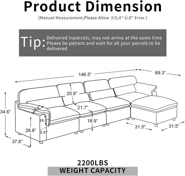 English Elm Cloud Modular Sectional Sofa - Plush Down-Filled Comfort, Washable Chenille Cover, Smart Storage Design T3966S00003