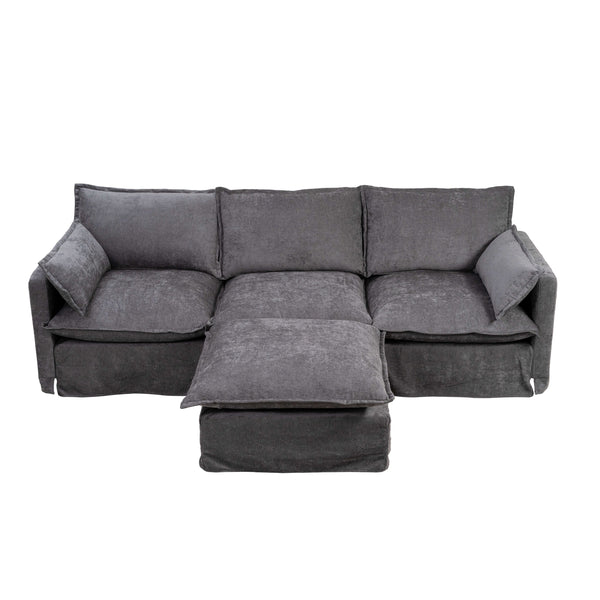 English Elm 93.31" Modular L-shaped Sectional with Movable Ottoman Chenille 4-seat Living Room Sofa Grey W2795S00037