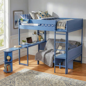 English Elm Full Size Loft Bed with Rotating Desk Led Lighting Sofa and Bookshelf Storage Navy Blue LT000200AAC