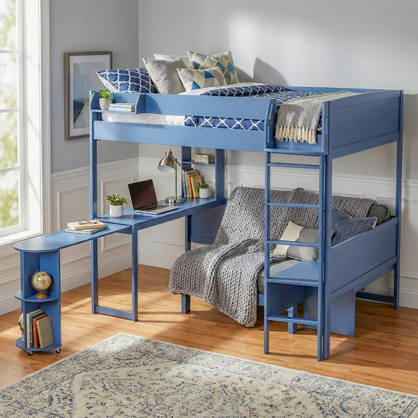 English Elm Full Size Loft Bed with Rotating Desk Led Lighting Sofa and Bookshelf Storage Navy Blue LT000200AAC