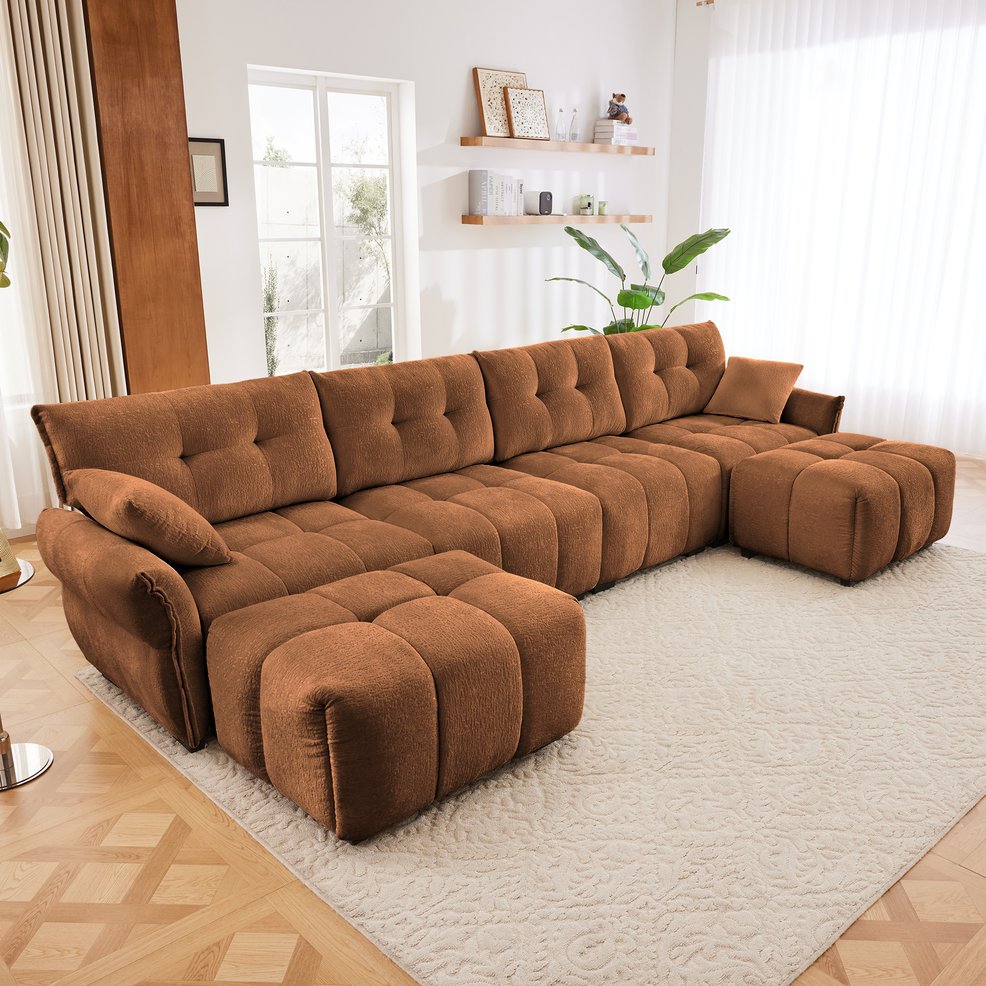 English Elm 4-seater Chenille Sofa Set with Ottomans Solid Wood Frame Tufted Living Room Burnt Orange W714S01668