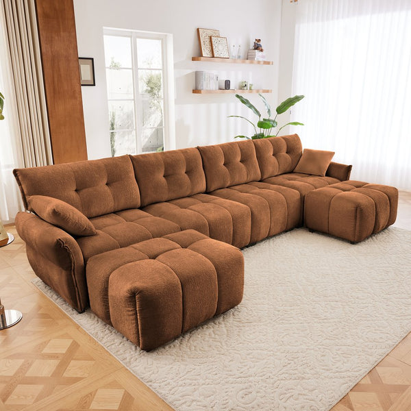English Elm 4-seater Chenille Sofa Set with Ottomans Solid Wood Frame Tufted Living Room Burnt Orange W714S01668