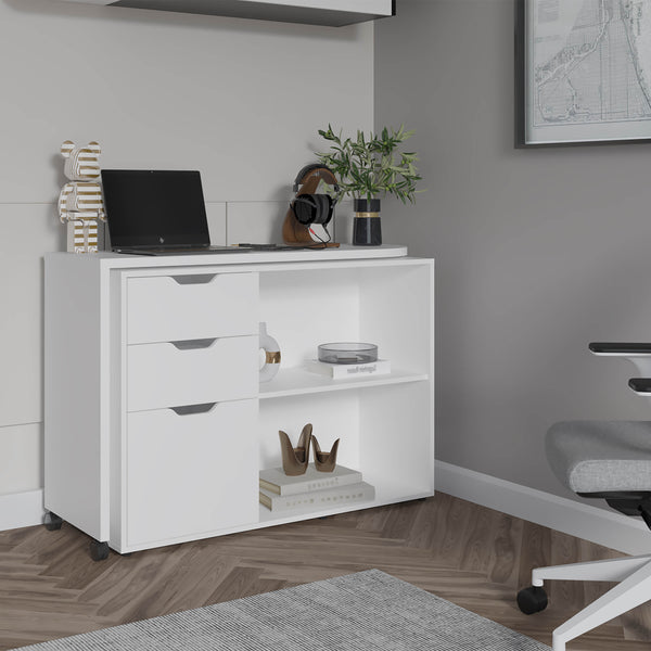 English Elm Lamont Rolling White Desk with Storage Drawers Shelves and Cabinet for Home Office B097S00245