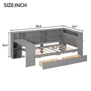 English Elm Wood Twin Size Platform Bed With Storage, Usb Charging, Desk, Led Lighting & Upholstered Headboard N7090001046E-GIGA