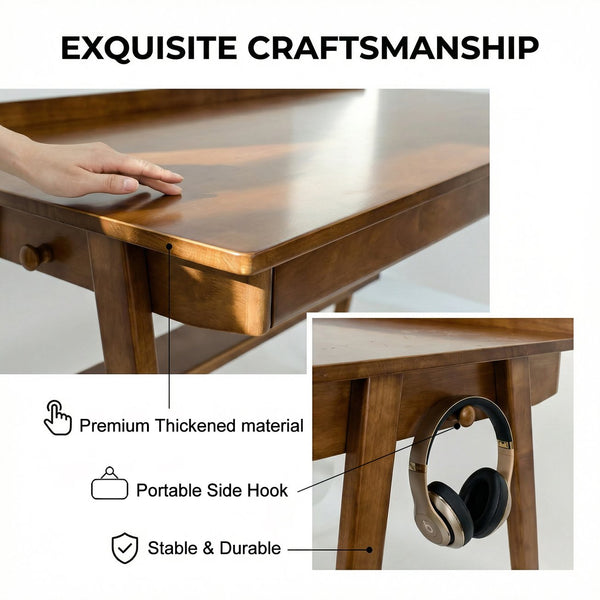 English Elm Solid Wood Writing Desk Mid Century Walnut Finish Two Drawers Shelf and Side Hooks W3204P465630