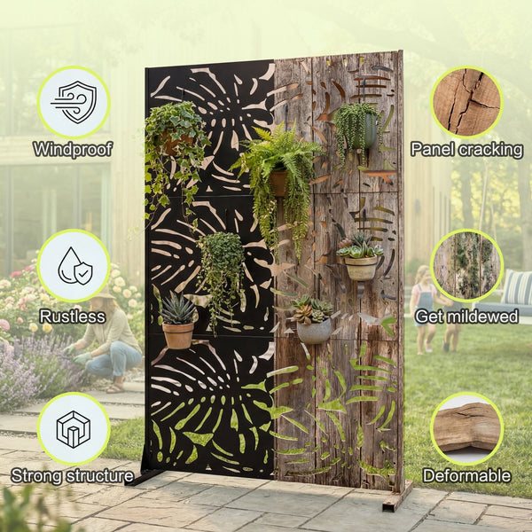 English Elm Metal Laser Cut Tropical Leaf Freestanding Privacy Screen for Patio Balcony Garden W5312P463063