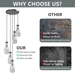 English Elm 5 Light Cluster Pendant with Raindrop Glass & Adjustable Copper Rope, Modern High-Ceiling Chandelier for Living Room, Dining, Stairwell — App-Controlled Black W1340P316384