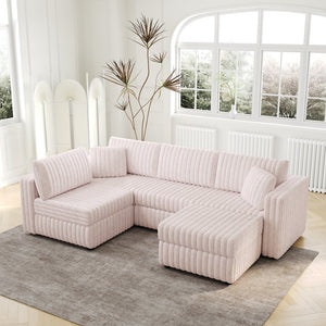 English Elm 106.3" Soft U-Shaped Sofa For 4 - Stylish Light Pink Modular Design With Hidden Storage & Washable Cushions W1767S00021