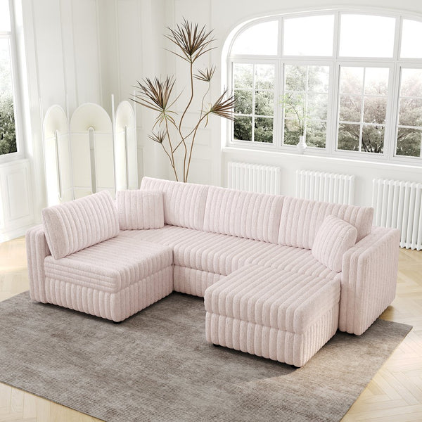 English Elm 106.3" Soft U-Shaped Sofa For 4 - Stylish Light Pink Modular Design With Hidden Storage & Washable Cushions W1767S00021