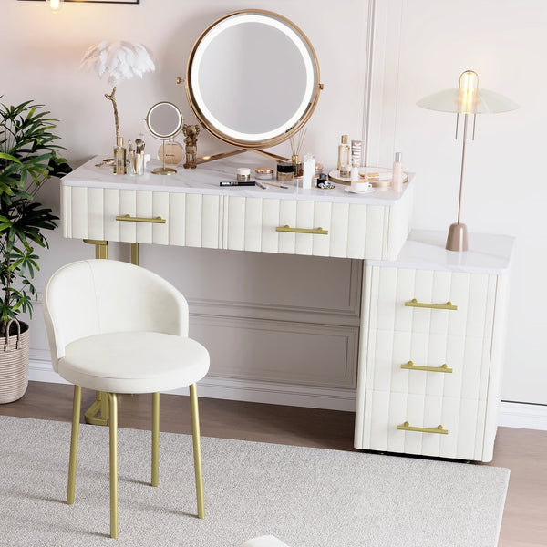 English Elm Velvet Upholstered Vanity Desk Set with Marble-Look Top, Padded Chair, 5 Spacious Drawers & Gold Accents Beige 17.5 L x 16.3 W x 16.1 H N733S272606A