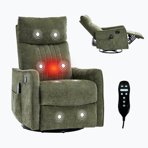 English Elm Beige Fabric Swivel Rocker Recliner with Massage Nodes and Lumbar Heat for Living Room Antique Green W1803P363423