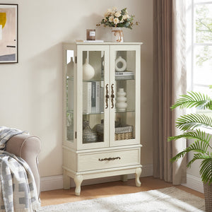 English Elm Curio Lighted Glass Display Cabinet with Adjustable Shelves, Vintage Drawer & Carved Metal Handle, Dark Finish Antique White W2275P199815