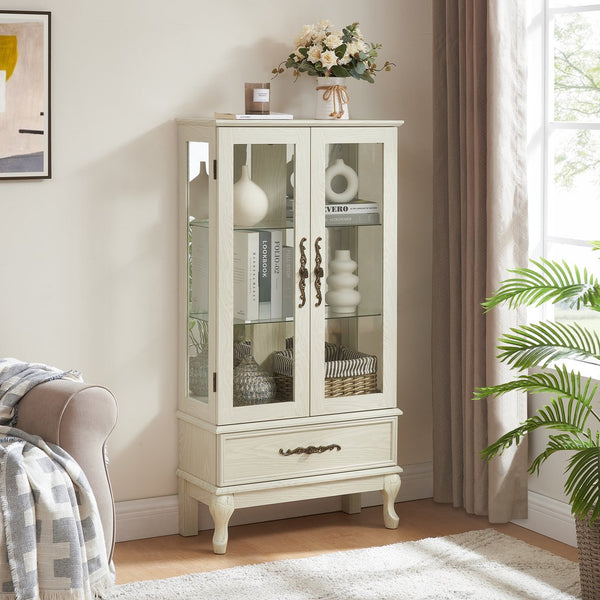 English Elm Curio Lighted Glass Display Cabinet with Adjustable Shelves, Vintage Drawer & Carved Metal Handle, Dark Finish Antique White W2275P199815