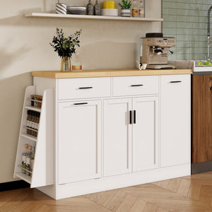 English Elm Trexm Farmhouse Kitchen Sideboard with Hidden Trash Cabinet and Built-in Spice Rack White XW000027AAK