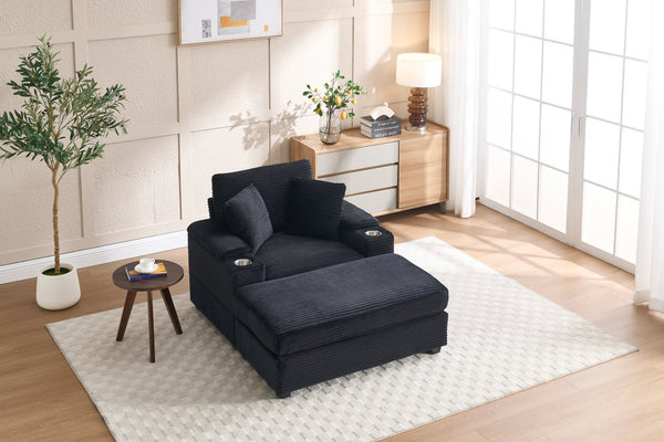 English Elm Corduroy Upholstered Chaise Lounge Sofa with Movable Ottoman, Cup Holder, Deep Seat Comfort Black W2120S00011